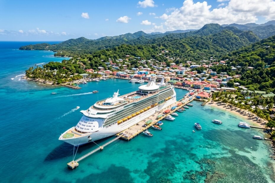 the cruise hq large white cruise ship docked at a tropical marina with turquoise water and a hillside town in the background