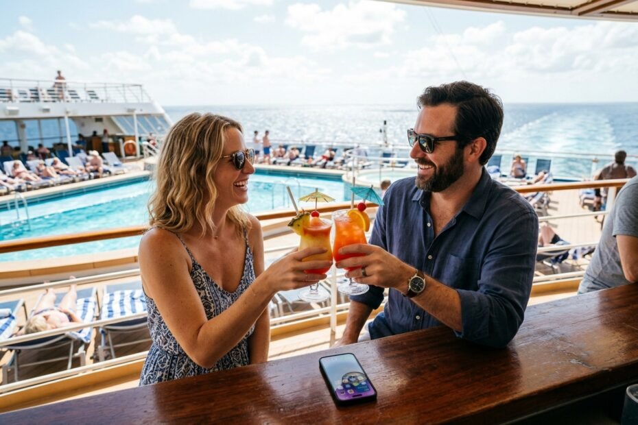 Couple toasting tropical cocktails at a cruise ship pool bar, showing the value of a drink package
