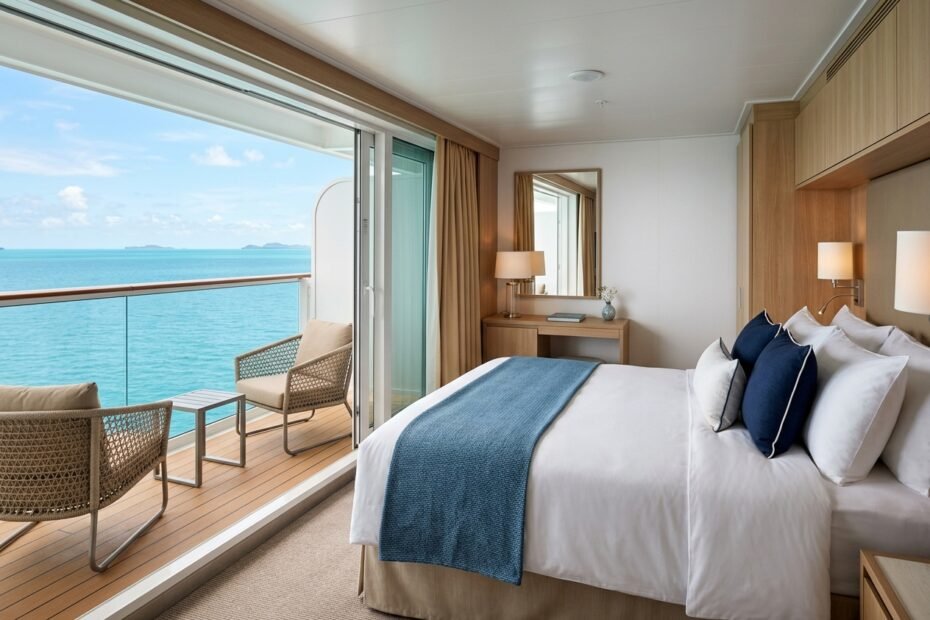 Cruise ship balcony stateroom with the glass door open to a private balcony and turquoise ocean view