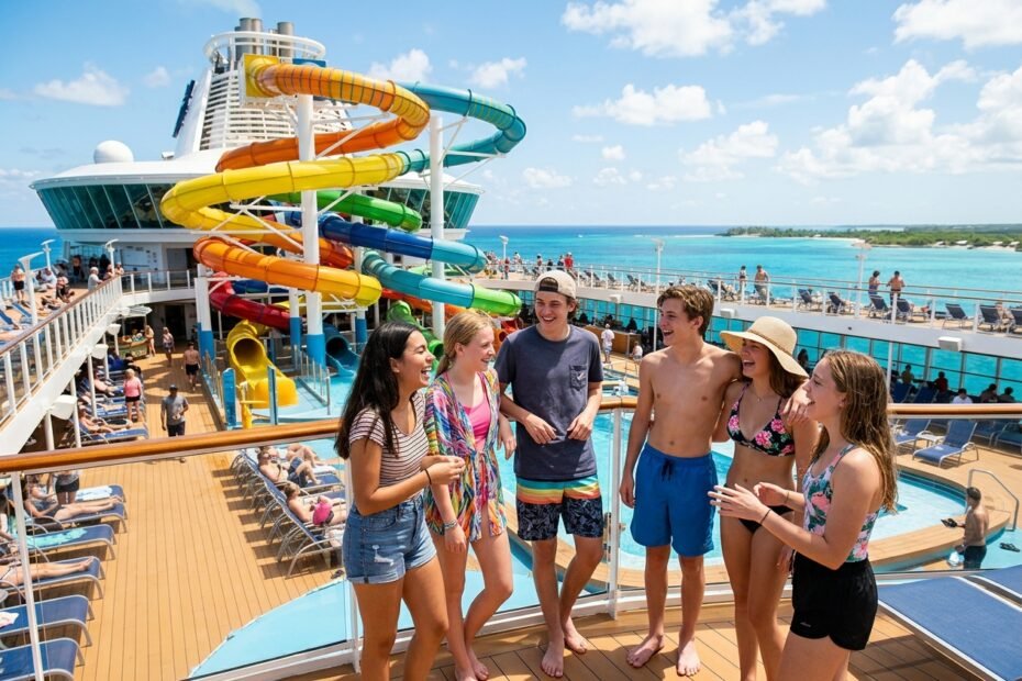 Teenagers laughing on a cruise ship pool deck beside colorful water slides on a sunny Caribbean day
