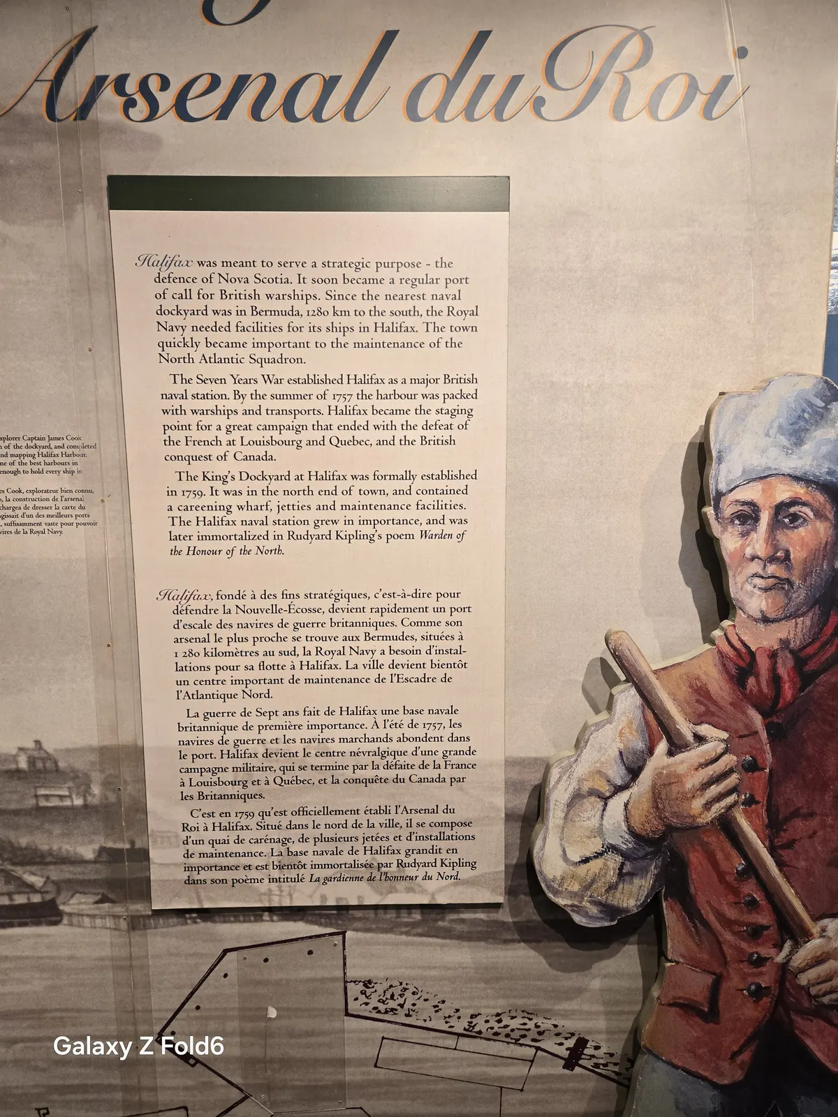 the cruise hq museum panel titled arsenal du roi with an illustrated sailor at halifax citadel