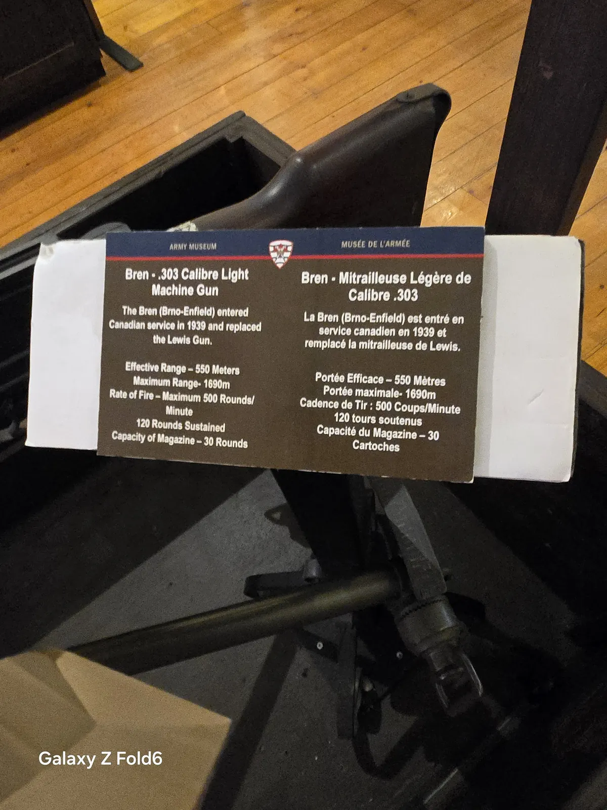 the cruise hq label describing the bren 303 calibre light machine gun at halifax citadel